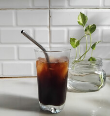 Close up iced americano coffe in glass