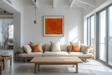 A living room photo of a combination of Scandinavian interiors and japandi interiors with beige sofas and wood tables visible and pendant lighting. Generative AI
