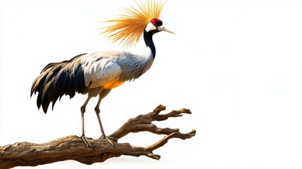Fototapeta premium A crowned crane perched on a branch, showcasing its vibrant plumage against a white background.