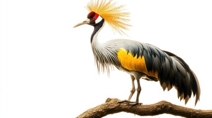 Fototapeta premium A striking bird with a colorful plumage and elaborate crown perched on a branch.