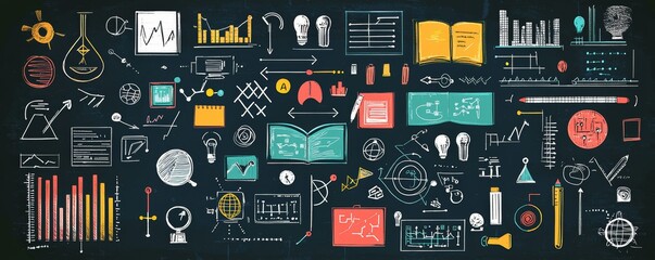 learning summary concept. Educational illustrations featuring science and data concepts on a black background.