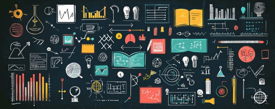 learning summary concept. Educational illustrations featuring science and data concepts on a black background.