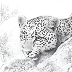 Obraz premium Artistic drawing illustrated in pencil: asian leopard in the atlas mountains in North Africa.