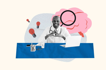 Collage young cheerful man specialist doctor laptop device lightbulb lamp eureka decision brainstorming magnifying loop tool exploration