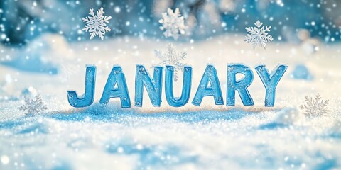 Snowy January Banner with Blue and White Snowflakes