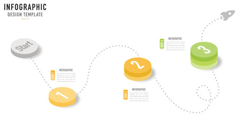 Circular isometric infographic template or element with 3 step, process, option, colorful circle, bar, column, arrow, minimal style, slide