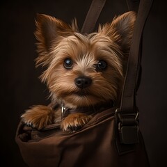 A small dog peeks out from a brown bag, showcasing its playful expression.
