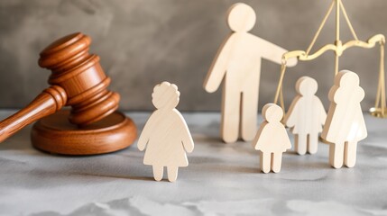 Judge in courtroom reviewing adoption papers with a family nearby. Society, child welfare institutions, family happiness, family affection, legal aid, justice, family unity