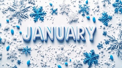 Snowy January Banner with Blue and White Snowflakes