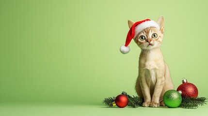 Adorable Kitten in Santa Hat Christmas Ornaments Green Background