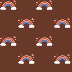 Rainbow with clouds and hearts on a brown background seamless pattern