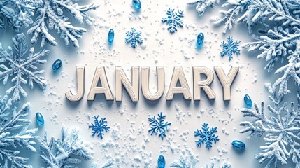 Snowy January Banner with Blue and White Snowflakes