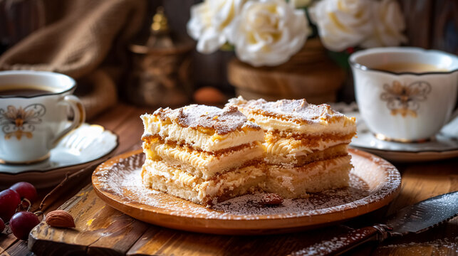 Rustic breakfast on a wooden coffee table with coffee cups, cezve, and Slovenian cream cake (kremna rezina) at Lake Bled.