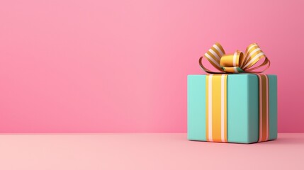 Special offer membership concept. Colorful gift box with a ribbon on a pink background.