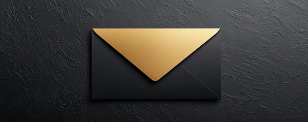 Special offer membership concept. Elegant black envelope with a gold flap on a textured surface.