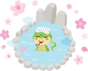 春の露天風呂に浸かるヘビ
