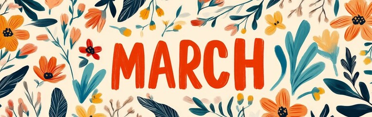 Naklejka premium March Banner with Spring Blossoms and Green Leaves
