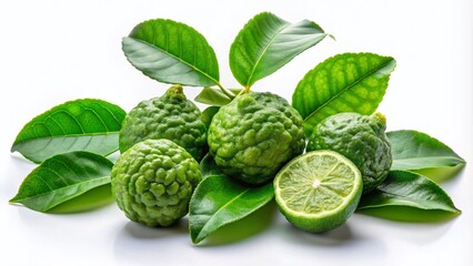 Fresh Bergamot Kaffir Lime Leaves Isolated on White Background - Vibrant Green Herb for Culinary and Aromatic Uses