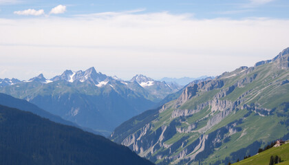 Panoramic alpine landscape with snow-capped peaks, green valleys, and dramatic clouds