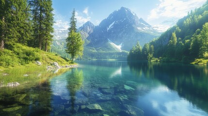 Breathtaking summer landscape featuring a crystal-clear mountain lake surrounded by lush greenery