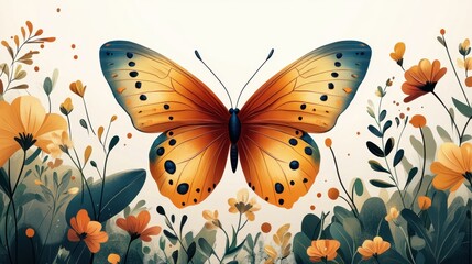 Logo design featuring a cheerful butterfly character with colorful wings, surrounded by playful flowers and vibrant leaves. The cute style and bright colors create a whimsical atmosphere, enhanced 