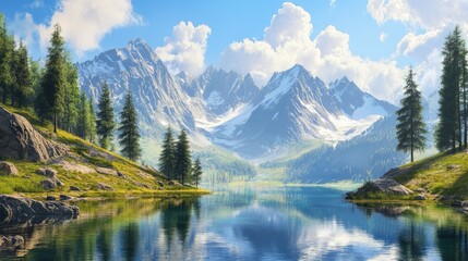 Breathtaking summer landscape featuring a crystal-clear mountain lake surrounded by lush greenery