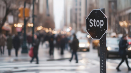 Fototapeta premium Stop Sign at Busy Street Corner with Pedestrians Crossing