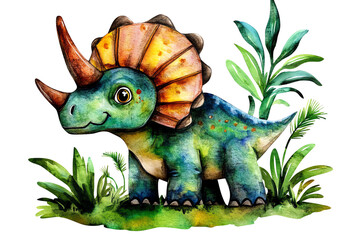 Obraz premium Cute triceratops dinosaur illustration, vibrant colors, foliage in background