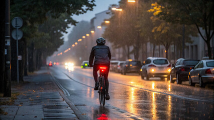 Cyclist rides through a rainy city street at night with glowing tail light in autumn