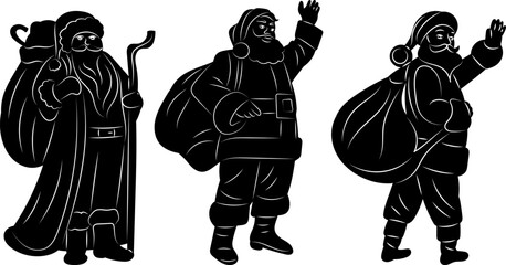 santa waving hands and gift bag silhouette vector
