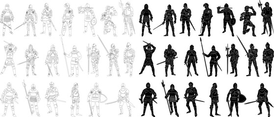 set knights sketch, outline vector