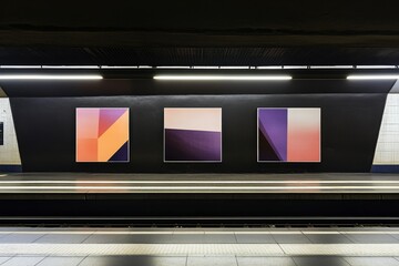Obraz premium Abstract Art Display in Modern Subway Station Featuring Geometric Shapes with Bold Colors in Minimalist Design Aesthetic for Urban Background