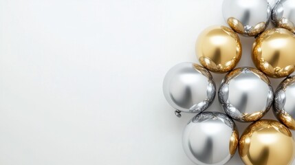 Fancy balloons in chrome silver and gold tones, arranged neatly for a party vibe, on a clean white background