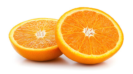 Two juicy orange halves, vibrant and ripe, sit against a stark white background.  Their segments gleam, showcasing their freshness and sweetness.