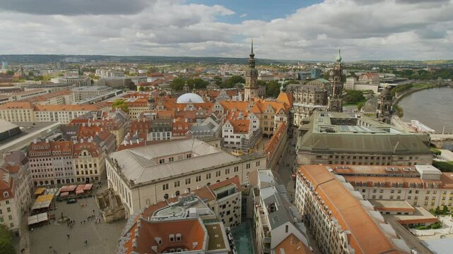 Dresden Kathedrale Sanctissimae Trinitatis Hofkirche Residenzschloss Semperoper Augustusbr&uuml;cke Elbe Germany Aerial View from the top of Frauenkirche cloudy sky with Historic Architecture