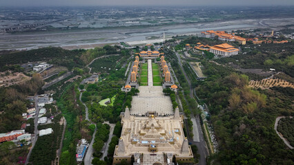 Fototapeta premium Aerial view of the Fo Guang Shan Buddha Complex in Taiwan, highlighting its architecture