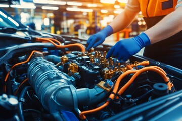 Car Mechanic Working on Engine Components in Automotive Repair Shop with Bright Lights and Detailed Focus on Engine Parts and Tools