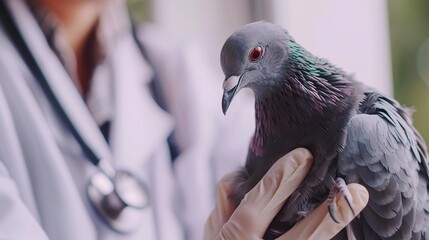 Close-up of veterinarian examining a sick bird with a stethoscope, bird perched on sterile examination table, focusing on attentive face and delicate feathers.
