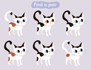 Find two some pictures educational game for kids with cute cat. Vector illustration. Find two identical game. Logical puzzle, brain teaser for children.
