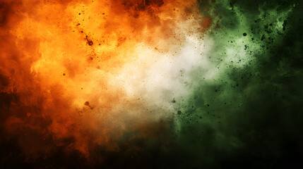 Abstract background with orange, white, and green smoke or powder clouds.  Perfect for design projects needing a vibrant, textured feel. High resolution image.
