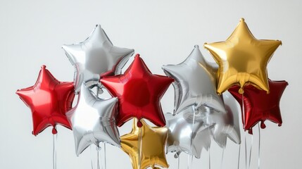 Star-shaped metallic balloons in silver, gold, and red tones, creating a festive arrangement, on white