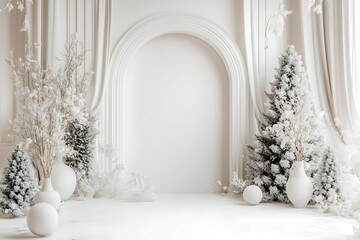 A white wall with a white arch and curtains, white vases of flowers, christmas trees, ball on the floor, a minimalist interior design.