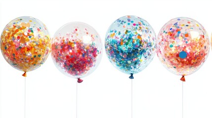 Transparent balloons filled with colorful confetti and glitter, creating a whimsical look, isolated on white