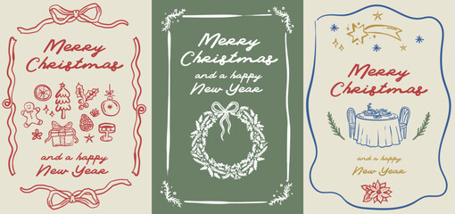 Beautiful hand drawn whimsical style Christmas vector merry christmas cards templates set
