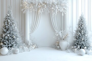 A white wall with a white arch and curtains, white vases of flowers, christmas trees, ball on the floor, a minimalist interior design.