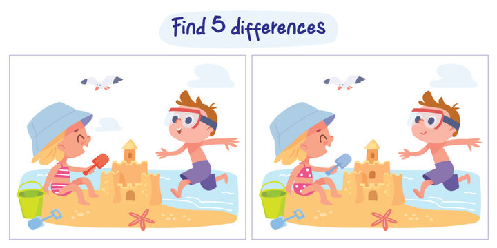 Find the differences puzzle game. Attention task. Worksheet. Puzzle Hidden Items. Educational game for children. Cartoon characters. Find hidden objects in the picture. Kids on summer holiday weekend 