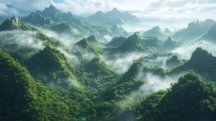 Obraz premium Mountainous terrain covered in lush forests, Misty morning light