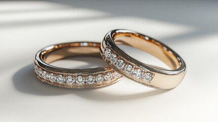 Two Gold Wedding Rings with Diamonds on White Surface.
