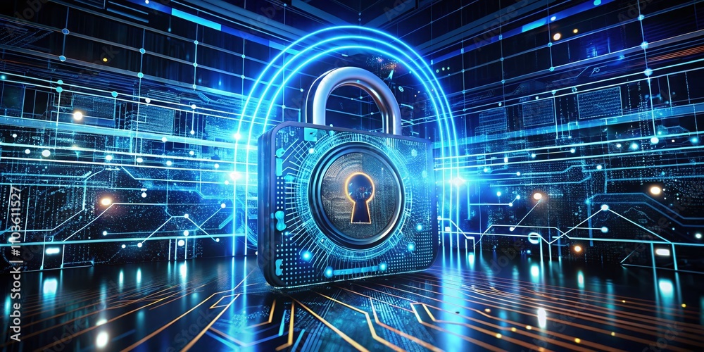 Poster futuristic 3d smart cyber lock display representing advanced cyber security solutions with digital i
