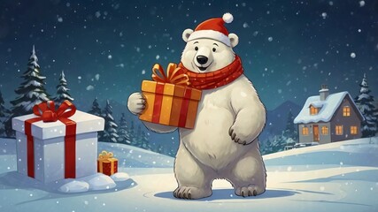 AI GENERATE, A cute, cartoon-style polar bear with a scarf delivering Christmas